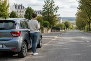 Voiture de location garée à la sortie de Paris, avec une personne vérifiant son itinéraire avant une escapade vers la campagne de l’Oise.