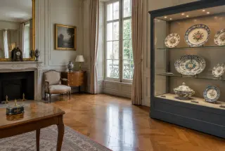 Intérieur d’une demeure bourgeoise ancienne présentant du mobilier historique et des faïences de Creil dans une vitrine.